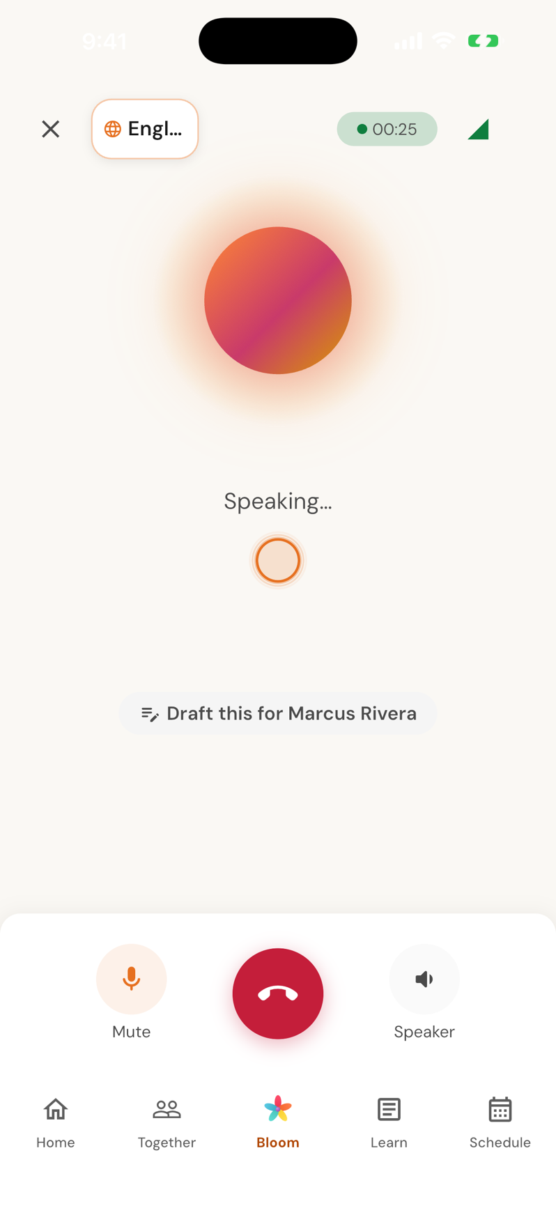 A live voice session with Bloom: Bloom is speaking, with mute, end call and speaker controls, and a chip offering to draft the message for Marcus
