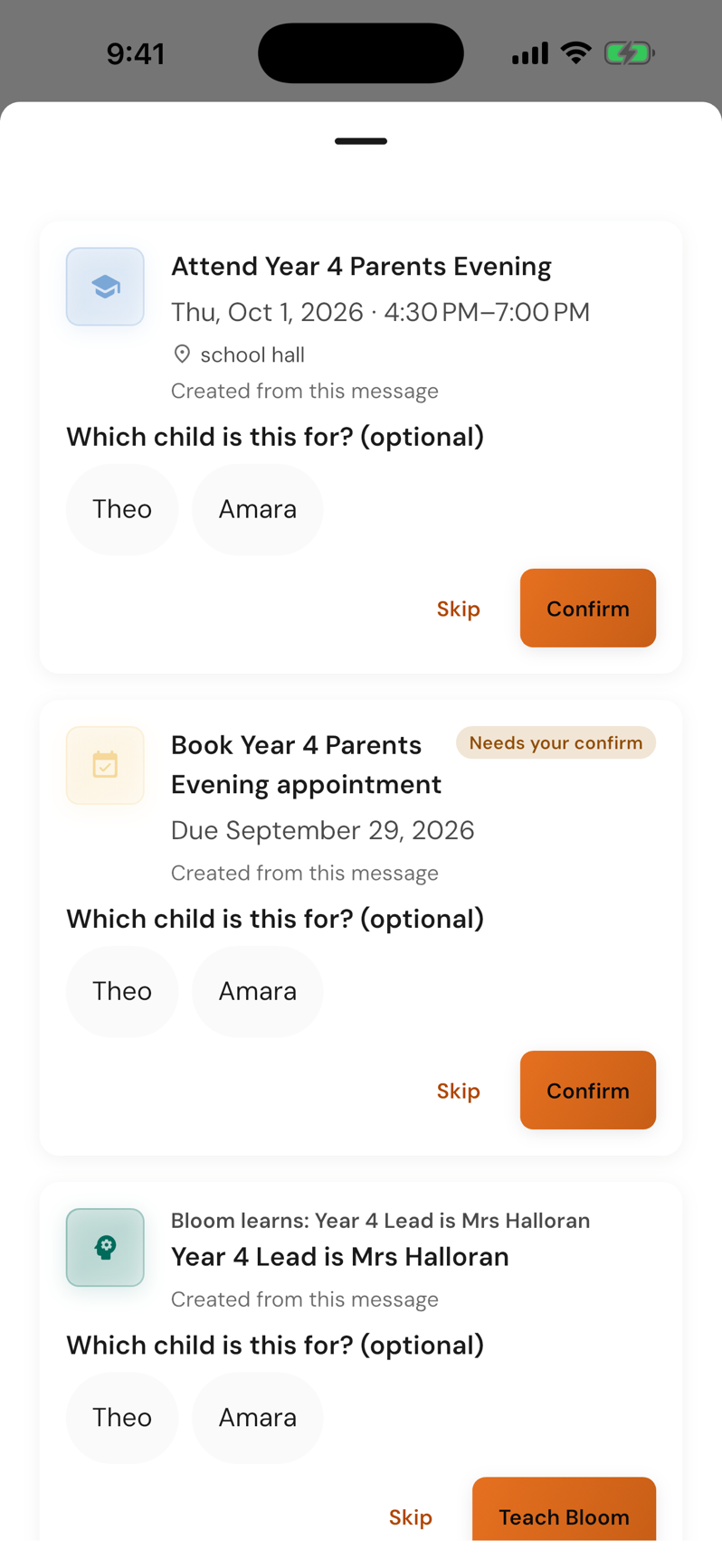The Binder has read a forwarded school email: a parents’ evening, a booking deadline and the teacher’s name, each asking which child it is for