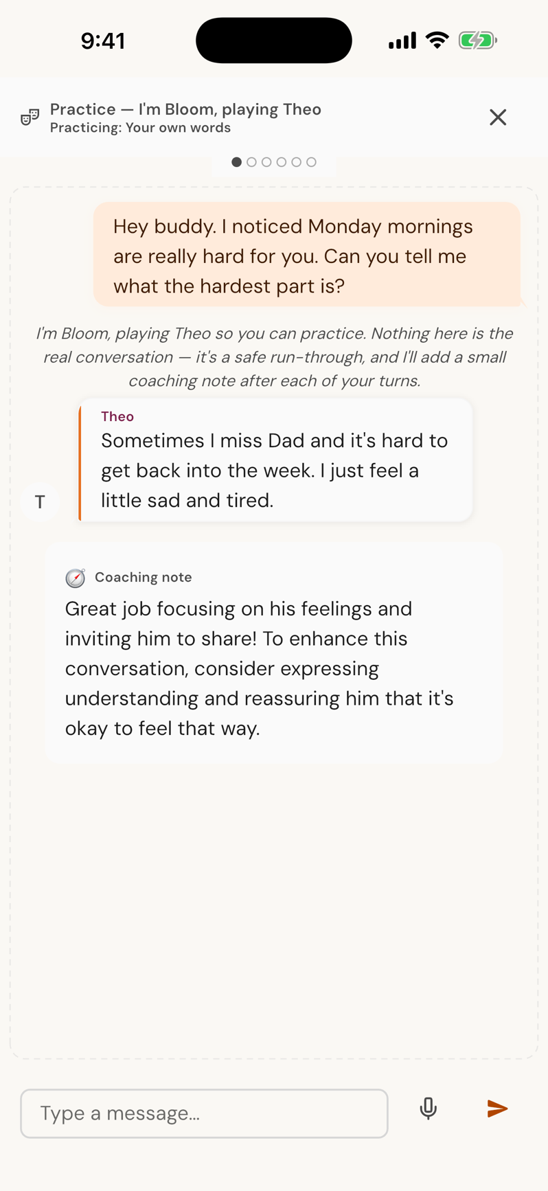 A Compass practice session: Bloom plays Theo, who misses his dad on Monday mornings, and a coaching note follows the parent’s reply